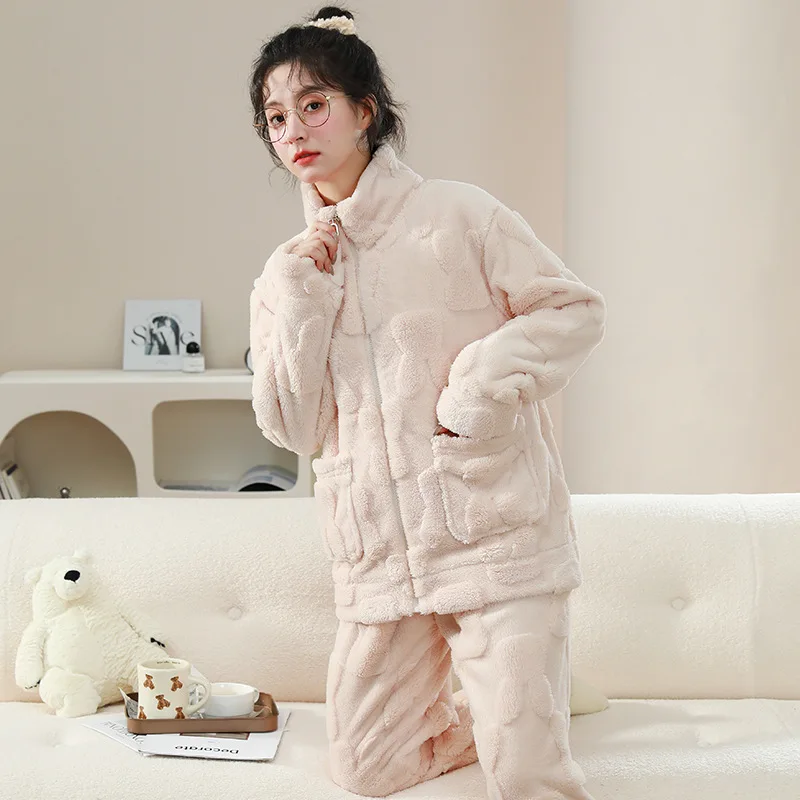 Flannel Pajamas For Women In Autumn And Winter, New Loose Thickened Standing Collar Long Sleeved Pants Warmth Preservati Suit