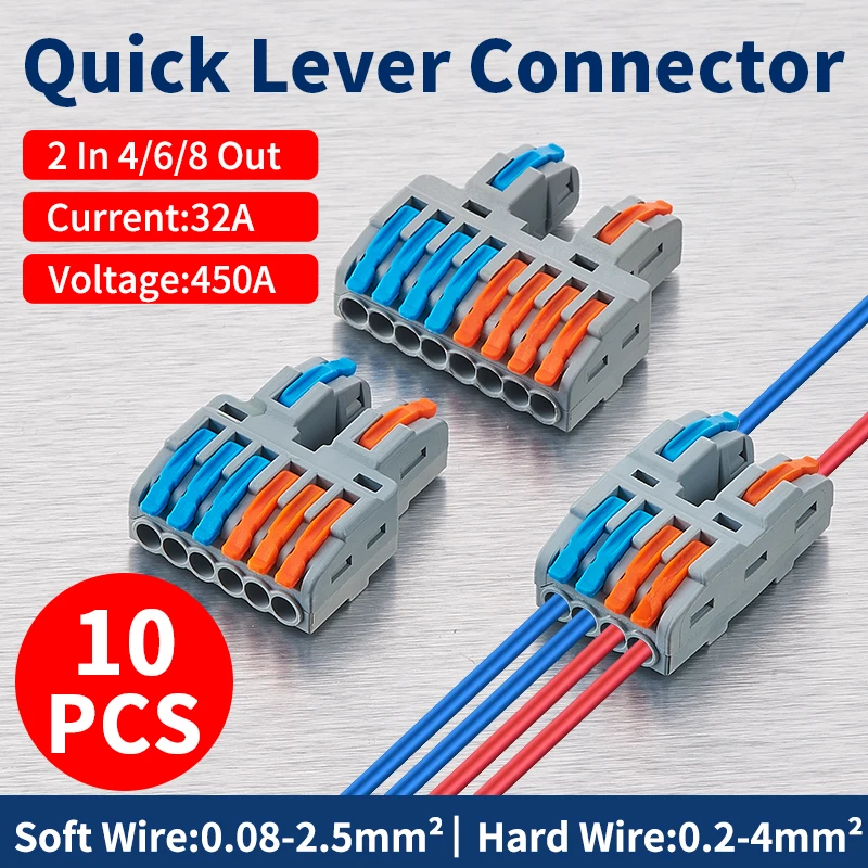 

JINH 10Pcs 2 in 4/6/8 Out CMK 422 Quick Lever Wire Connectors Universal Splitter Cable Spring Butt Home Terminal Blocks Led