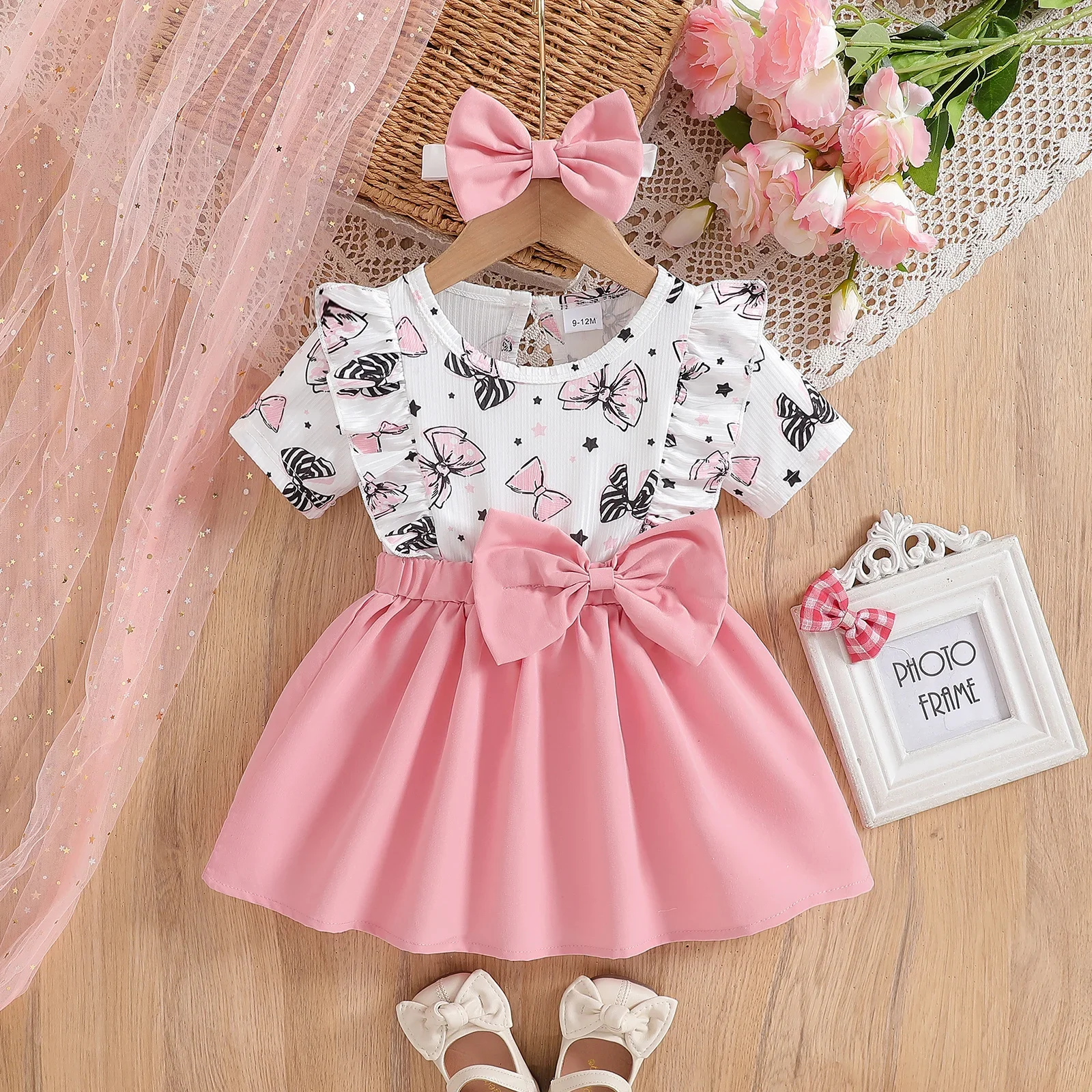 

Summer Fashion Baby Girl Dress Girl's Bow Print Round Neck Small Flying Sleeves Splicing Princess Dress Children's Girl Dress