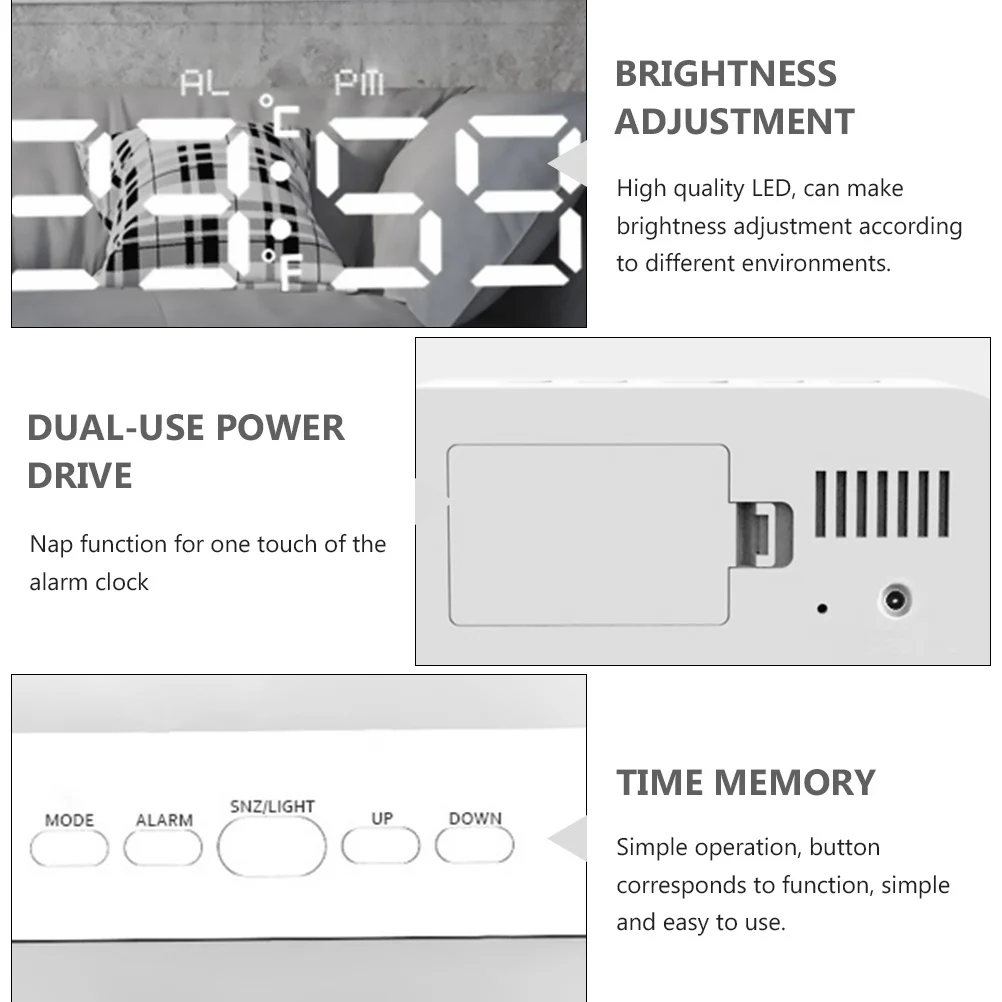 

Digital Alarm Clock Electronic LED Mirror Surface Fashionable Screen Clocks White Large Delicate