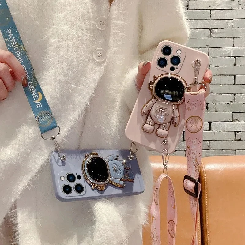 Crossbody Lanyard Astronaut Bracket Phone Holder Case For iphone 14 13 12 11 15 Pro XS Max Mini XR X 8 7 6 6S Plus SE 2020 Cover