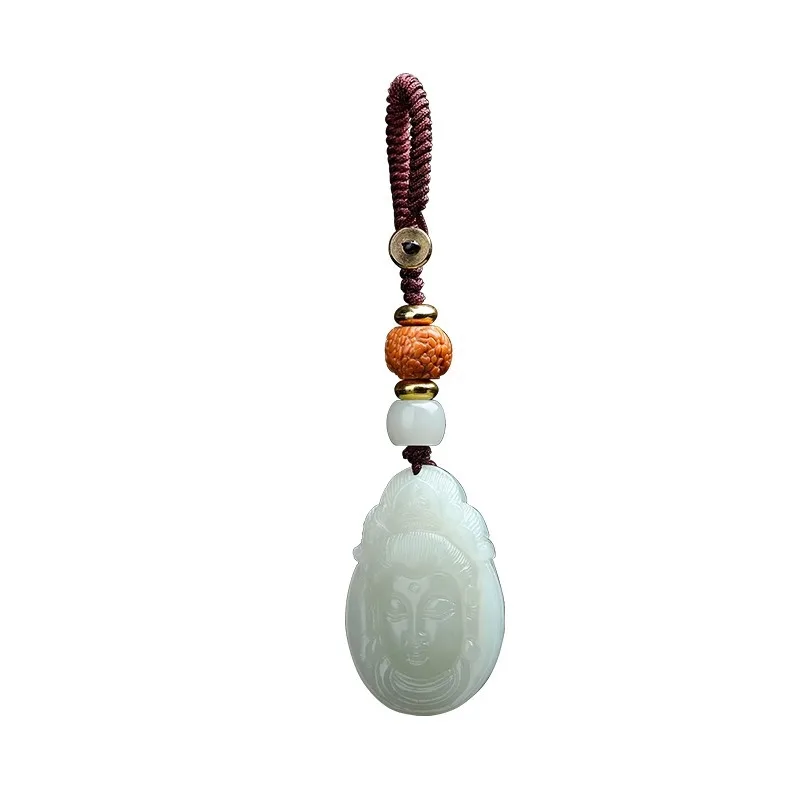 Hetian Jade Guanyin Bodhisattva Auto-Schlüsselanhänger für Herren, handgewebtes Luxus-Schlüsselband, Glücksbringer-Geschenke