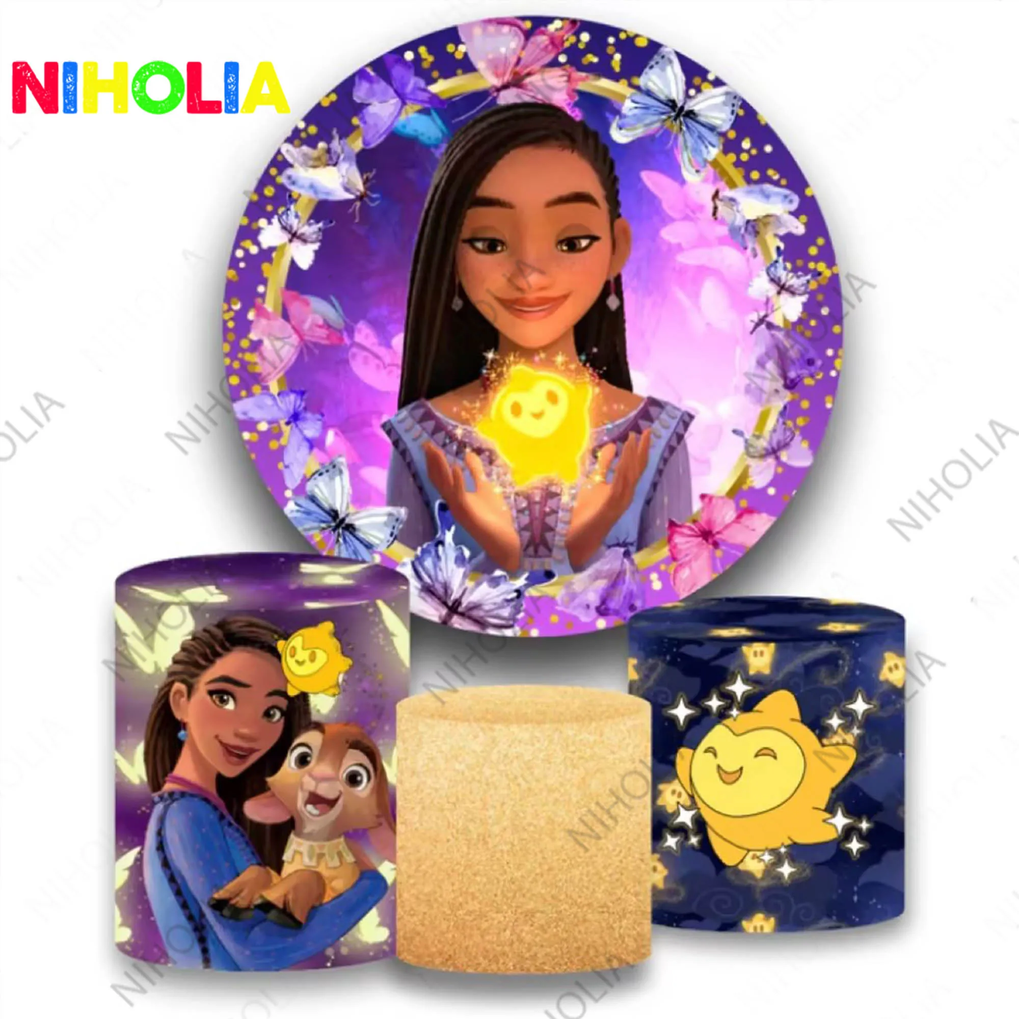 Disney Wish Asha Round Photo Backdrop Kids Birthday Party Baby Shower Decoration Cylinder Covers For Cake Table