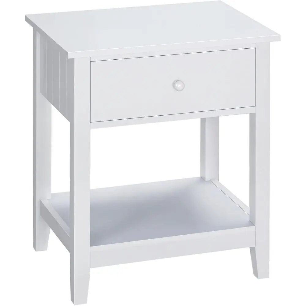 White 2-Tier End Table with Drawer and Storage Shelf for Living Room
