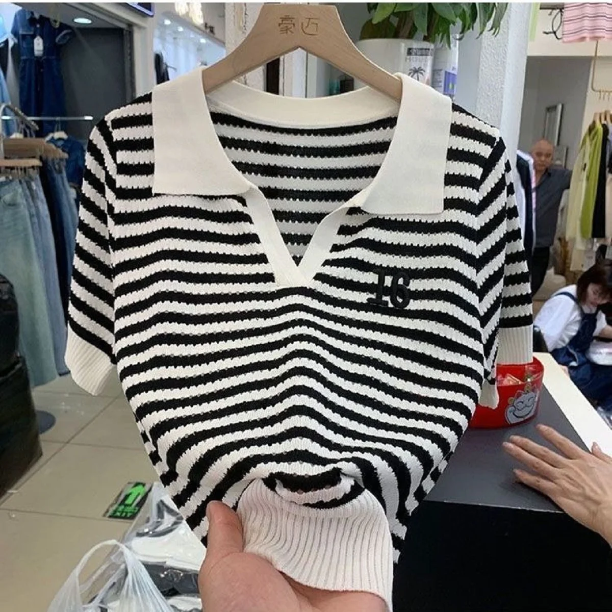Summer Tee Hollow Out Contrast Colors Striped Patchwork Korean Fashion Casual Pullover Short Sleeve Korean Fashion Polo Tops
