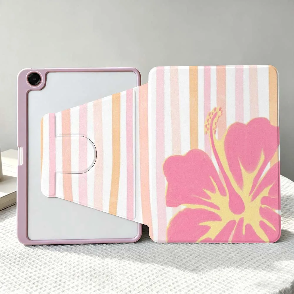 Simple Stripes Flowers Soft For Samsung Galaxy Tab S11 S10 S9 S8 A11 FE Plus Ultra 360° Rotation Stylus Storage Tablet Case