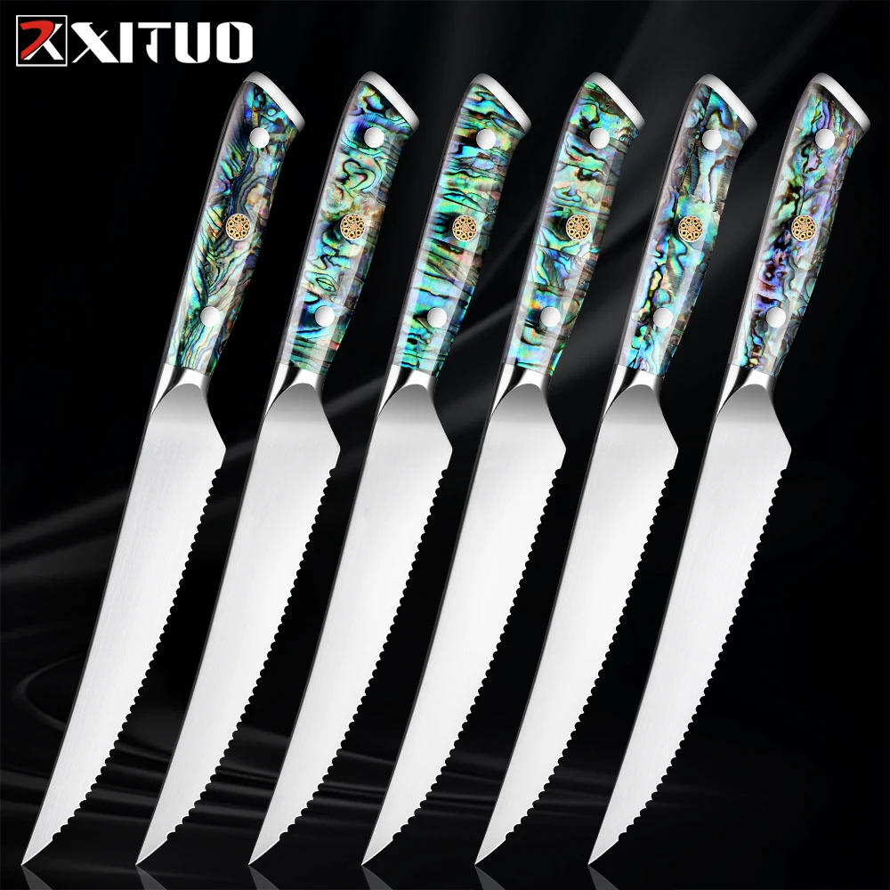 XITUO Steak Knives Set 1-6PCS Abalone Shell Full Tang Handle Sharp  Serrated Steak Knife Meat Cutter Knife Set Dinner Knives