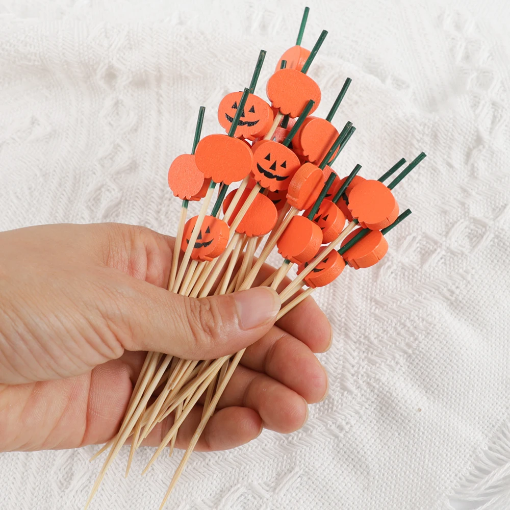50Pc Halloween Pumpkin Bamboo Disposable Fruit Fork Skewer Sandwich Dessert Cake Food Picks Birthday Halloween Party Decoration