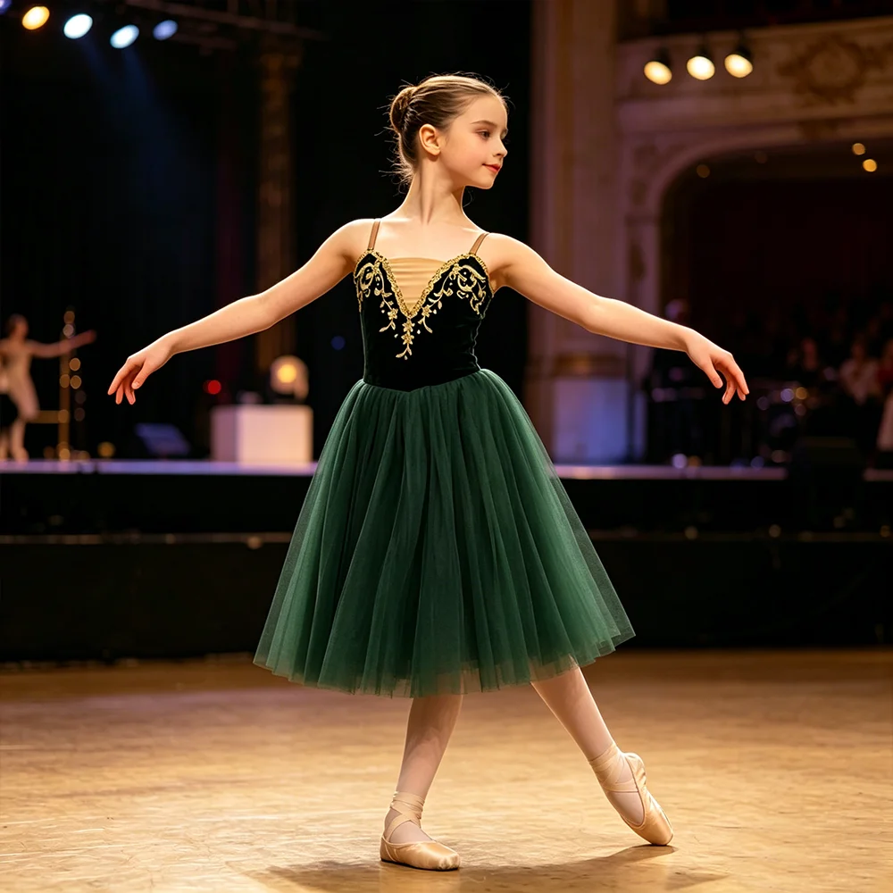 

Dark Green Classical Ballet Dress for Girls Gold Embroidered Leotard & Tulle Skirt Swan Lake Dance Costume for Kids Performance