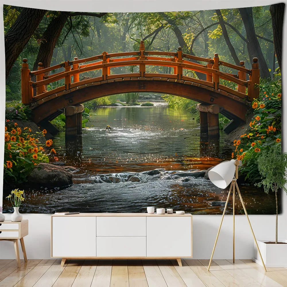 Wooden houses in the forest tapestry landscape wall hanging cloth living room and bedroom wall decoration home background cloth