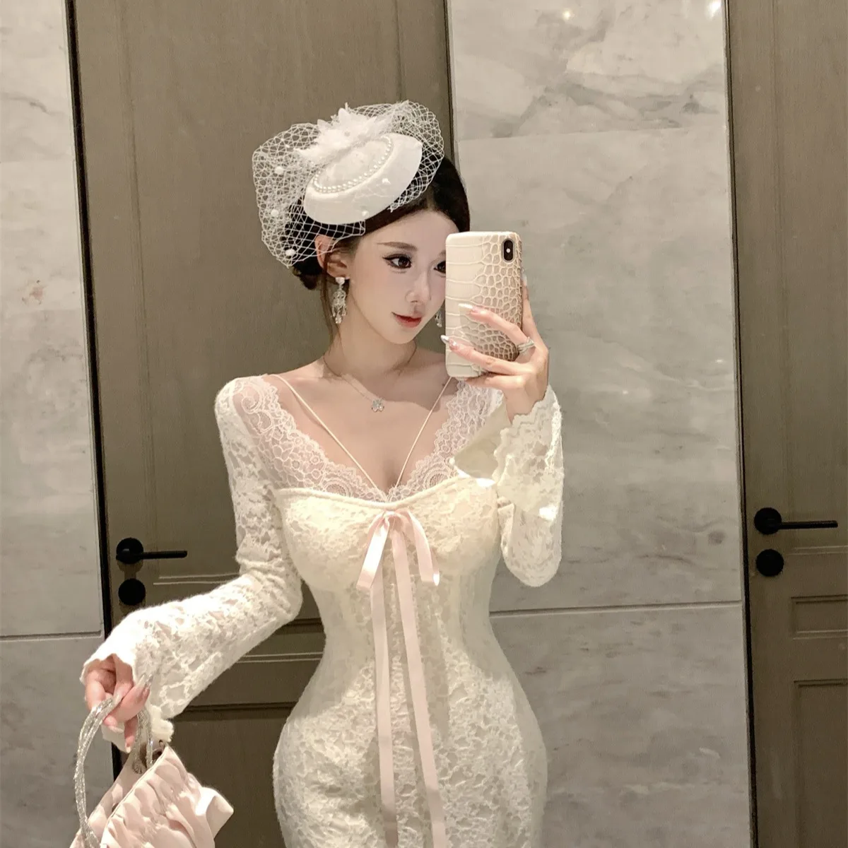 مثير V-Ne طويل Sve الدانتيل الدكتور التخسيس Fi الذيل تنورة عالية الخصر الخريف الشتاء جديد Sle الحلو Sle النسيج الآخر... #4