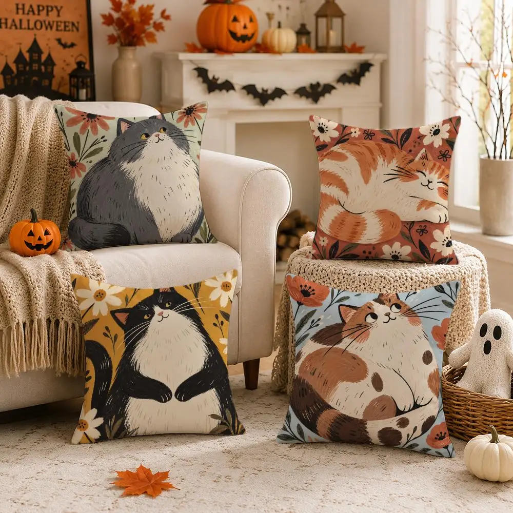 Whimsical Cat Artwork Cushion Cover 1/4PCS Short Plush Pillow Cover Set Soft Decorative Cushion Case for Sofa Bed Home Decor