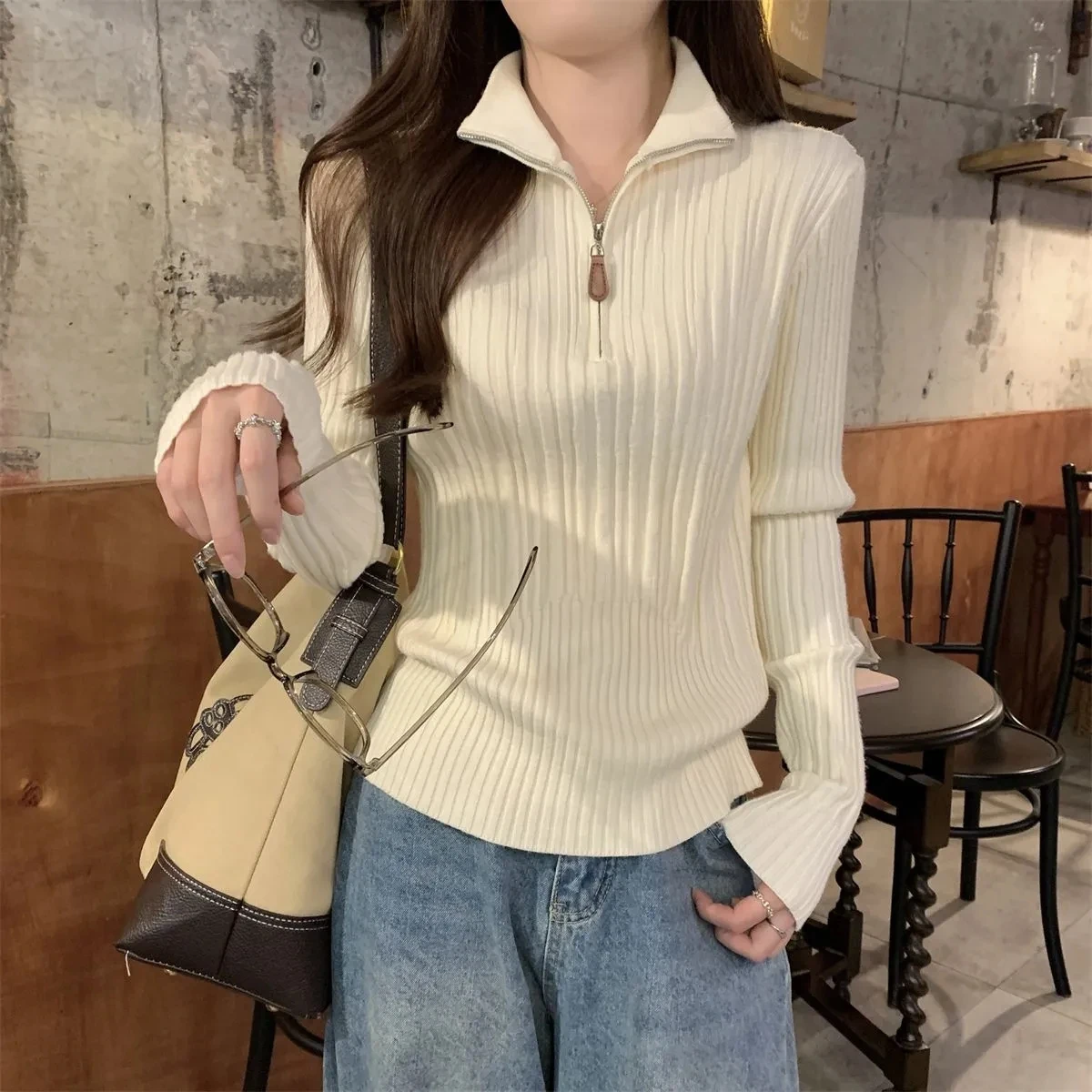 

Корейский вязаный свитер с полувысоким воротником на молнии и полоской на талии, женская осенне-зимняя внутренняя одежда, тонкая нижняя рубашка, топ с длинными рукавами