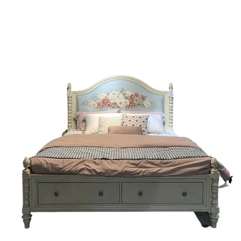 American-style solid wood fabric bed, double bed, drawer storage bed, French vintage country-style master bedroom
