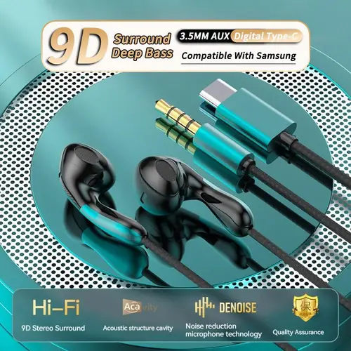 Imagen 2 del producto Auriculares con cable, nuevos auriculares estéreo deportivos de alta fidelidad 9D con graves potentes y diseño de gota de agua, con chip digital tipo C/auxiliar de 3,5 mm para tabletas y PC Samsung Android.