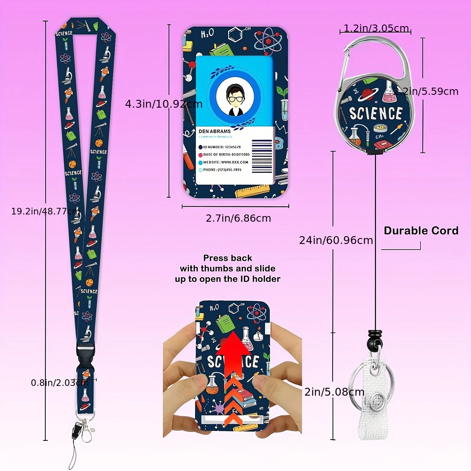Science Badge Holder, Retractable Reel Clip, Durable with Carabiner, Card Name Tag, Vertical ID Card Protector for Nurses - view 2