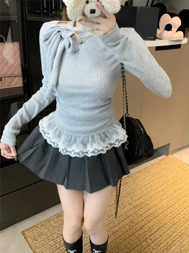 

ADAgirl Gray Lace Spliced Knit Base Sweater for Women Ballet Style Autumn Winter Bow Tie Knitwear Lace Long Sleeve Pullover Chic