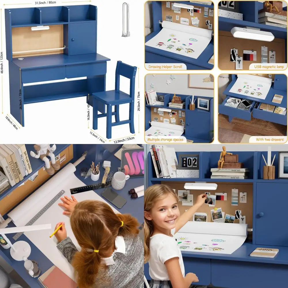 

Детский письменный стол и стул с подсветкой, держателем для рулонов бумаги, 2 ящиками, 3-уровневой системой хранения для девичьей спальни