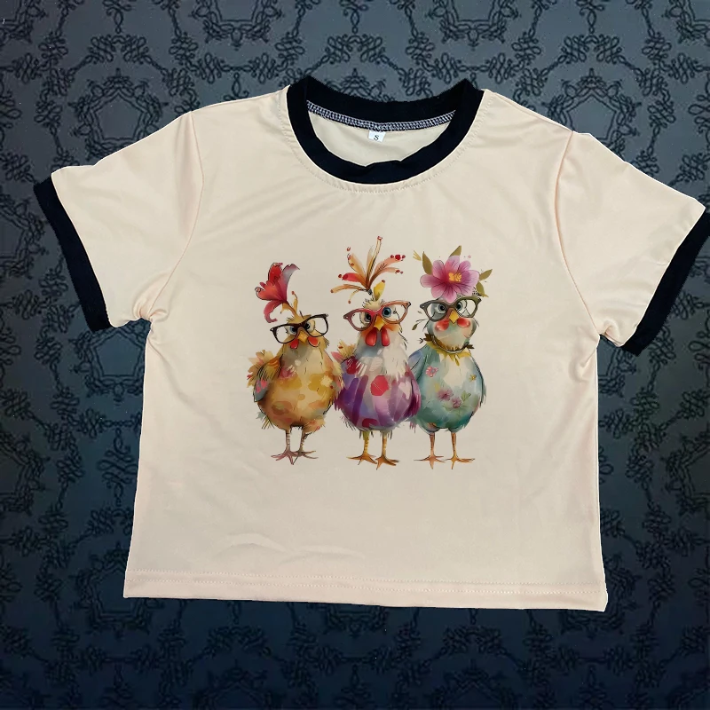 

Funny Vintage Harajuku Summer Crop Top Hip Hop Streetwear Short Sleeve Women T-Shirt Fashion Creative Chicken Pattern Print Tees