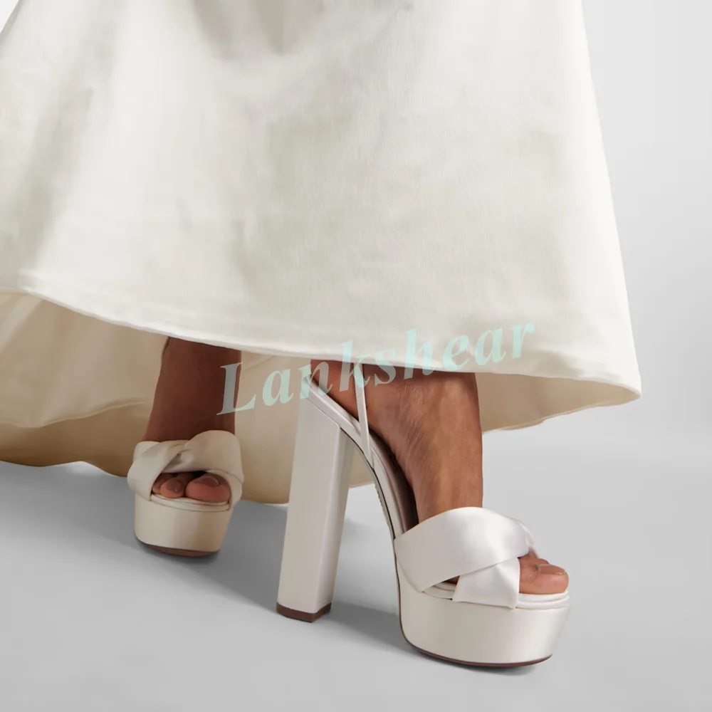 

White Satin Platform Heel Sandals for Women Open Toe with Knotted Satin Detail High Chunky Heel Elegant Bridal Footwear Wedding