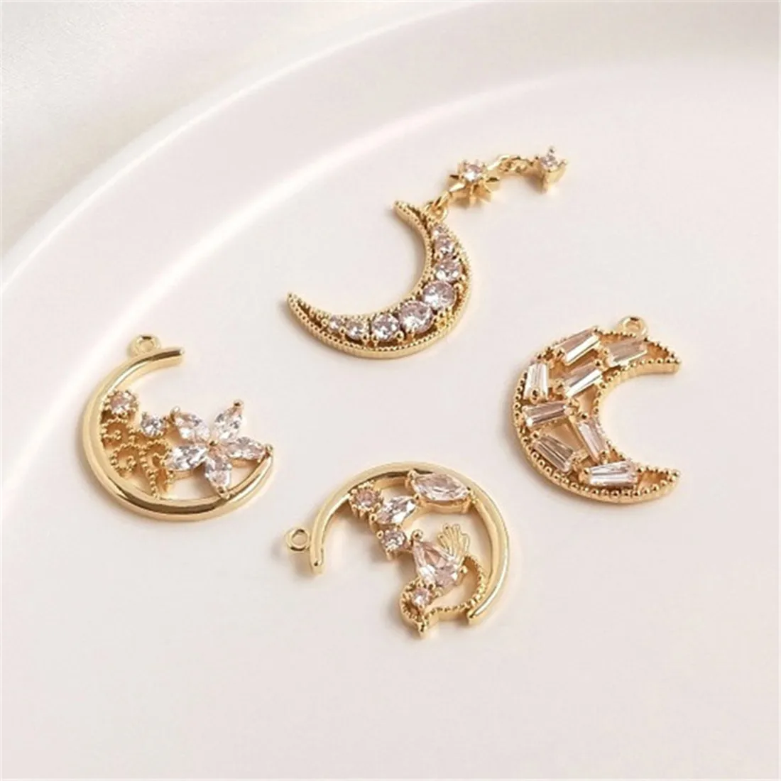 14K Gold Inlaid Zircon Star Moon Pendant, Flower Vine Bird Crowing Branch Earrings, DIY Handmade Charm Jewelry Accessories D012