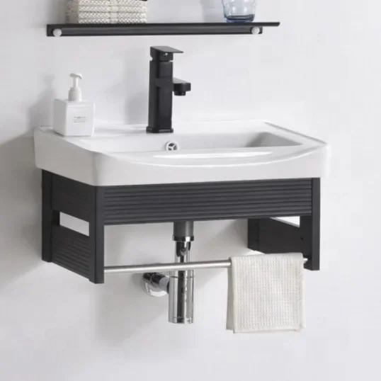 Muebles de baño de aluminio negro a precio barato, lavabo de cerámica individual, tocador de baño con espejo