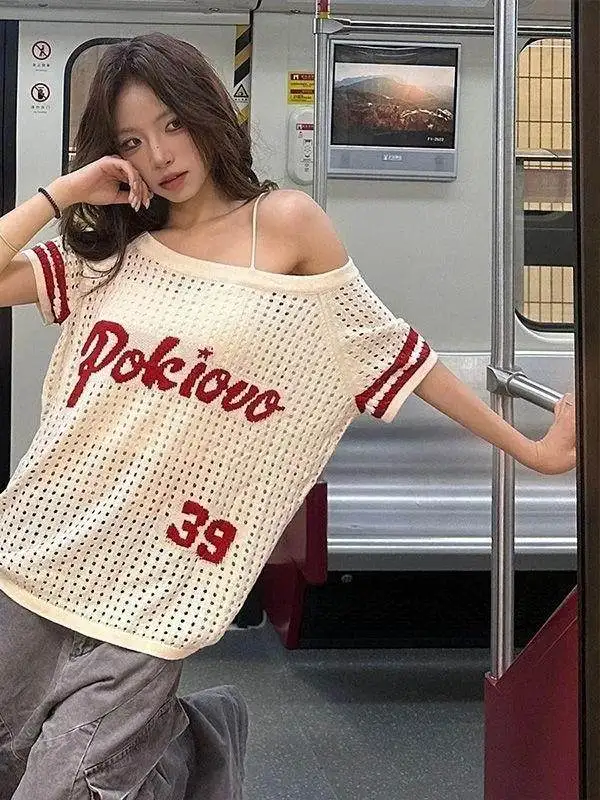

American Retro Hollow out Shoulder Knitted Short Sleeve T Shirt Women Summer New Lazy Style Loose Slimming Letter Top