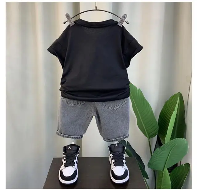 2024 Summer Children\'s Clothing Set Toddler Boys Pullover Short sleeved Striped T-shirt+Black Denim 2Pce Kids Fashion Tracksuit