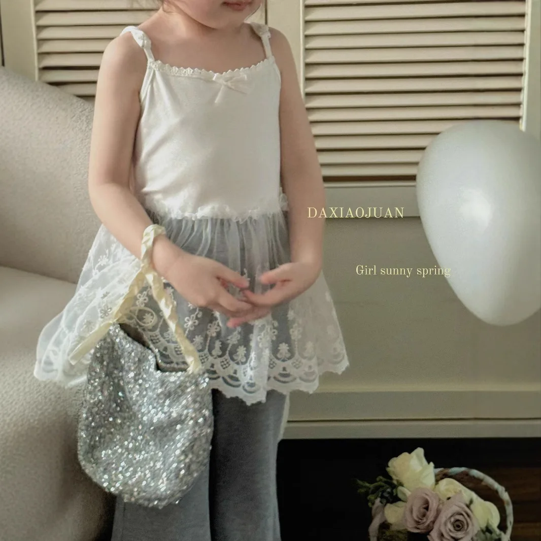 

Kids Girls White Lace Bottom Shirts Spaghetti Strap Bows A-line Mesh Lining Dresses 1-8Y Children Summer Versatile Floral Tops