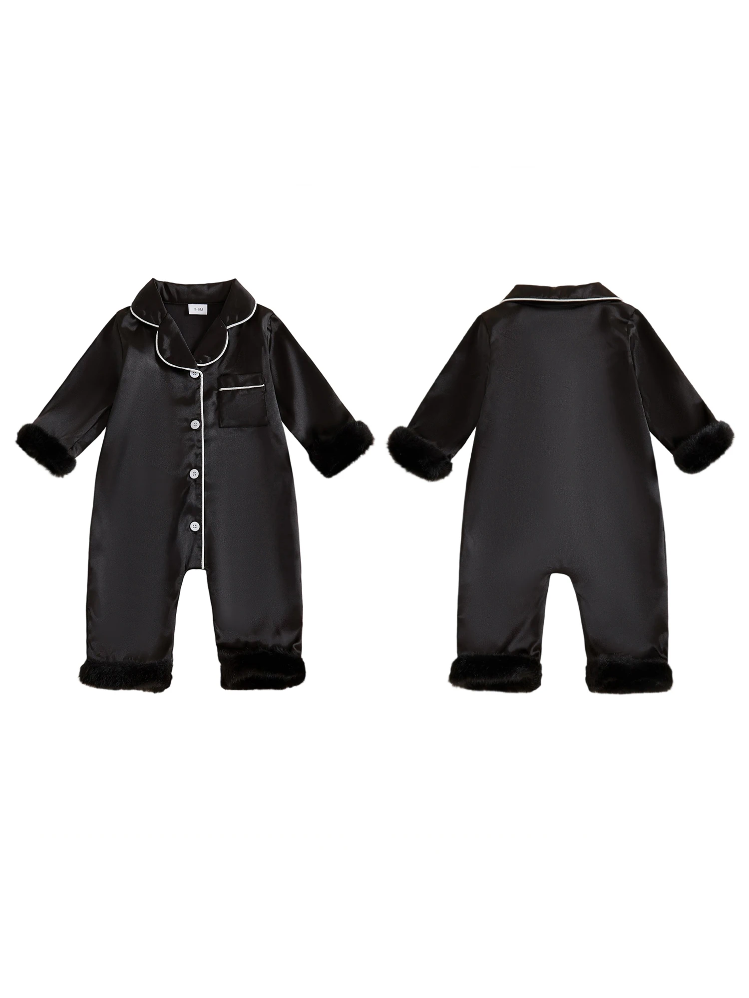 Setelan Pakaian Tidur Bayi Satin dengan Trim Bulu Imitasi, Kerah Kontras V-Neck dan Lengan Panjang - Romper Kancing Depan untuk Bayi Perempuan