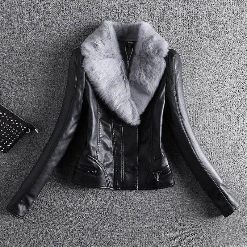 Fashion Slim Rex Rabbit Real Fur Collar Thick Women Leather Jacket Autumn Winter Thick Leather Coats Outerwear Plus 4XL YTNMYOP