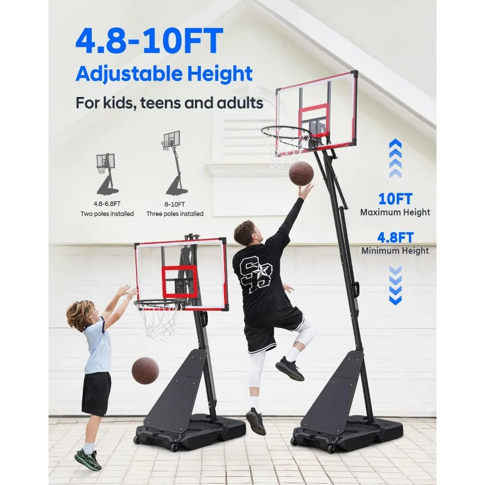 Aro de baloncesto ajustable para niños y adolescentes, 3,3 a 10 pies, tablero inastillable de 40 pulgadas, portería portátil