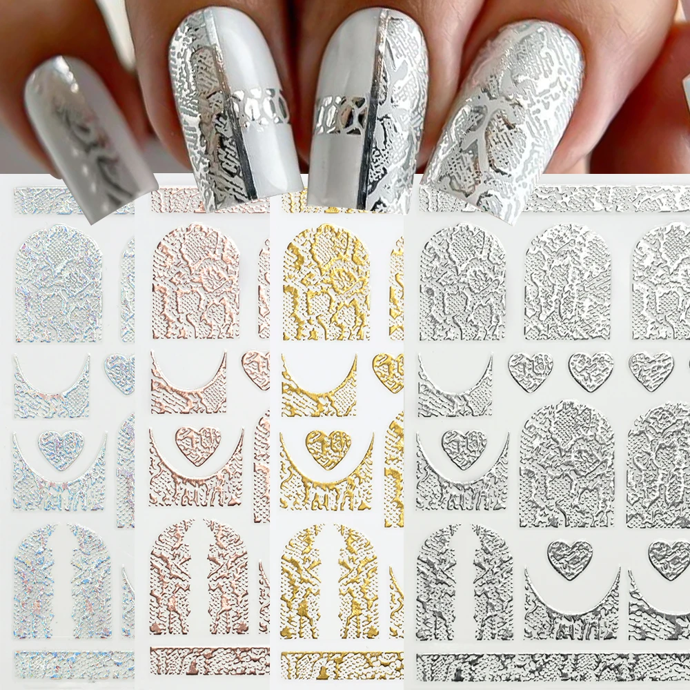 6 uds 3D pegatina bronceada para uñas de piel de serpiente francés/corazón oro plata estampado de serpiente pegatina para uñas DIY línea de serpiente autoadhesiva deslizador de uñas