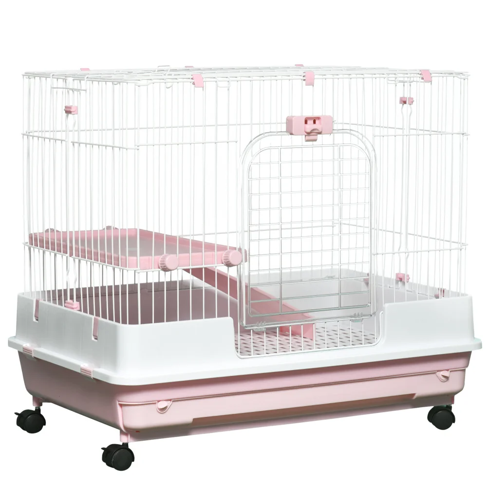 

2-Level Small Animal Cage Rabbit Hutch with Wheels, Removable Tray, Platform and Ramp
