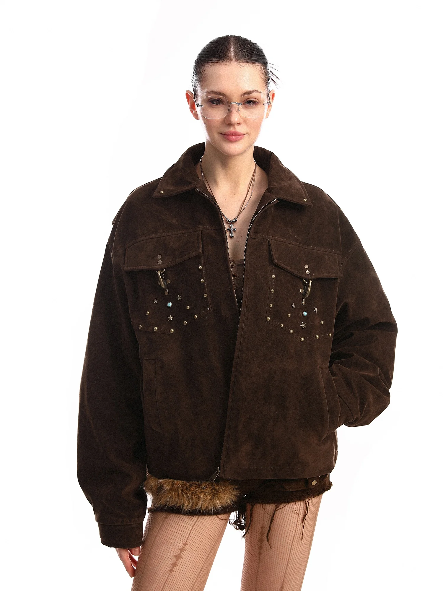 

Lightweight Suede down Jaet Women's Winter Faion Rivet Airplane Bule Warm Workwear Coat Vintage Loose Fit White Du down