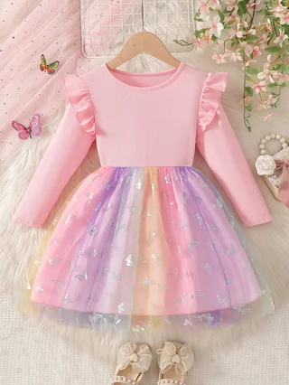 Girls' Pink Long‑Sleeve Princess Dress, Fly‑Sleeve Ribbed Knit Top with Rainbow Gradient Tulle and Silver Butterfly Print, Fall
