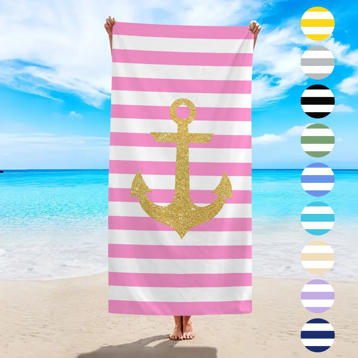 1pc Striped anchor pattern beach towel, ultra-fine fiber quick drying absorbent beach towel, essential beach towel for swimming