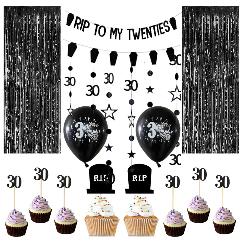 

Rip to 20s Birthday Decoration My Black 30th Birthday Number 30 Years Woman Cupcake Toppers Back Dorp Banner Balloons Supplies