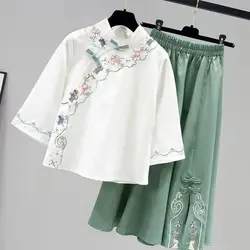 Elegant Hanfu Women's Summer New Butterfly Sweet Chinese Suit Embroidered Top Suit Hanfu Blouse Skirt Two-piece Set Large Size