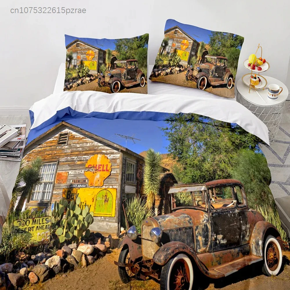 Retro Car Old Car Duvet Cover Set 3D Print King Queen Size Comforter Cover With Pillowcases For Kids Teens Polyester Bedding Set