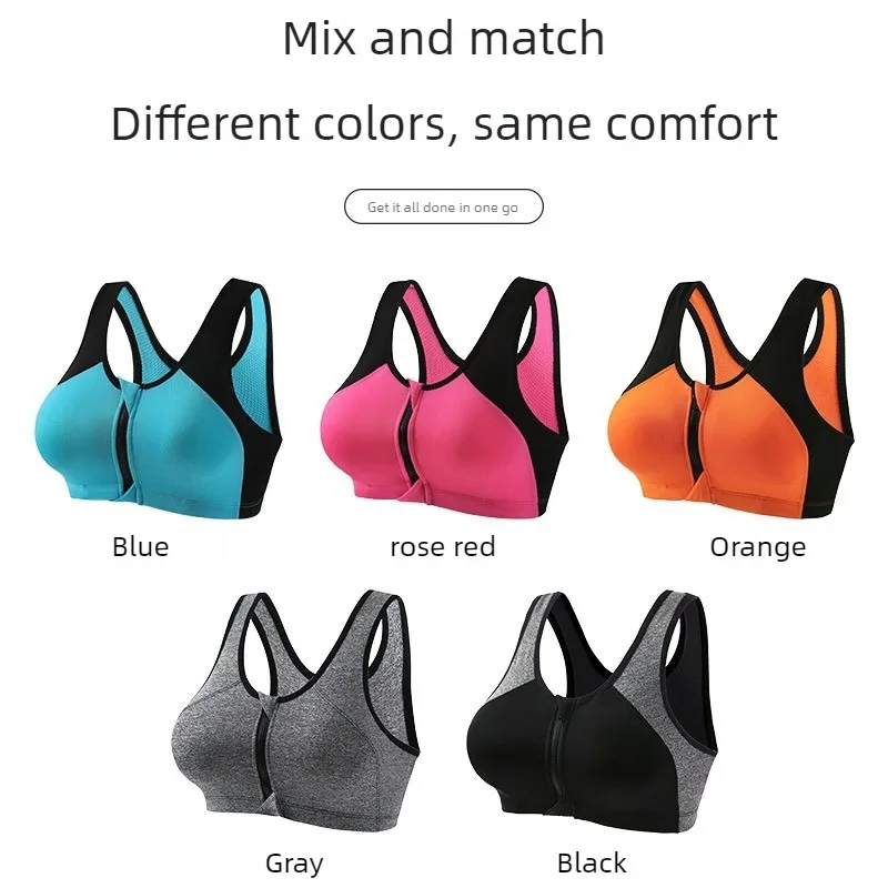 Women Zip Front Color Block Sports Bra High Impact Shockproof Wireless Plus Size Yoga Bra for Gym Running Fitness