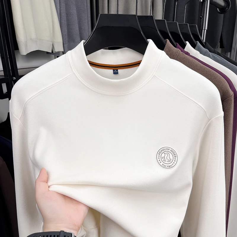 Sweater Lengan Panjang Semi High Neck Beludru Jerman untuk Pria, Kemeja Dasar Hangat Beludru Dua Sisi, Lapisan Dalam Berbulu