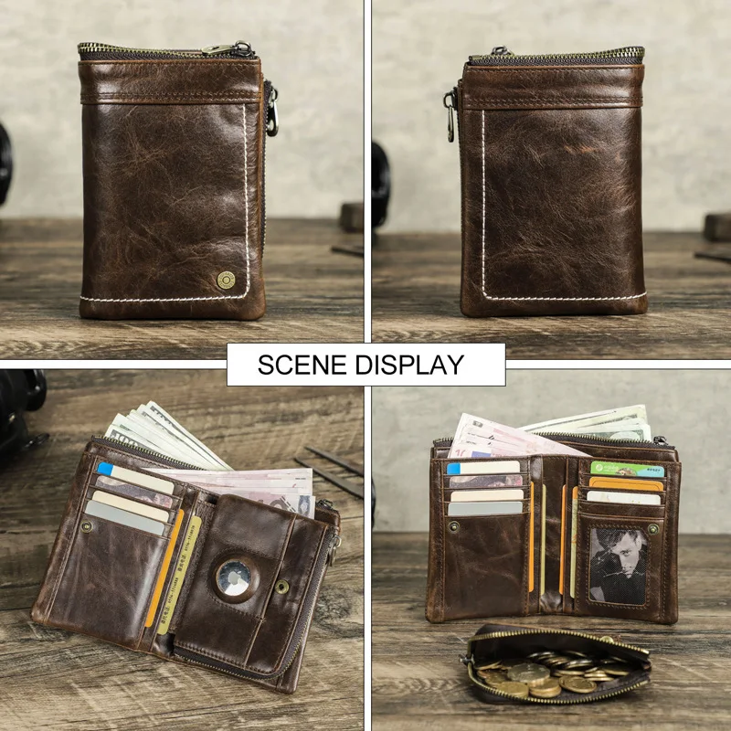 Head Layer Cowhide Anti Theft Brush Multi Functional Airtag Tracker Position Men's Leather Wallet Men Wallets Coin Purses Holder