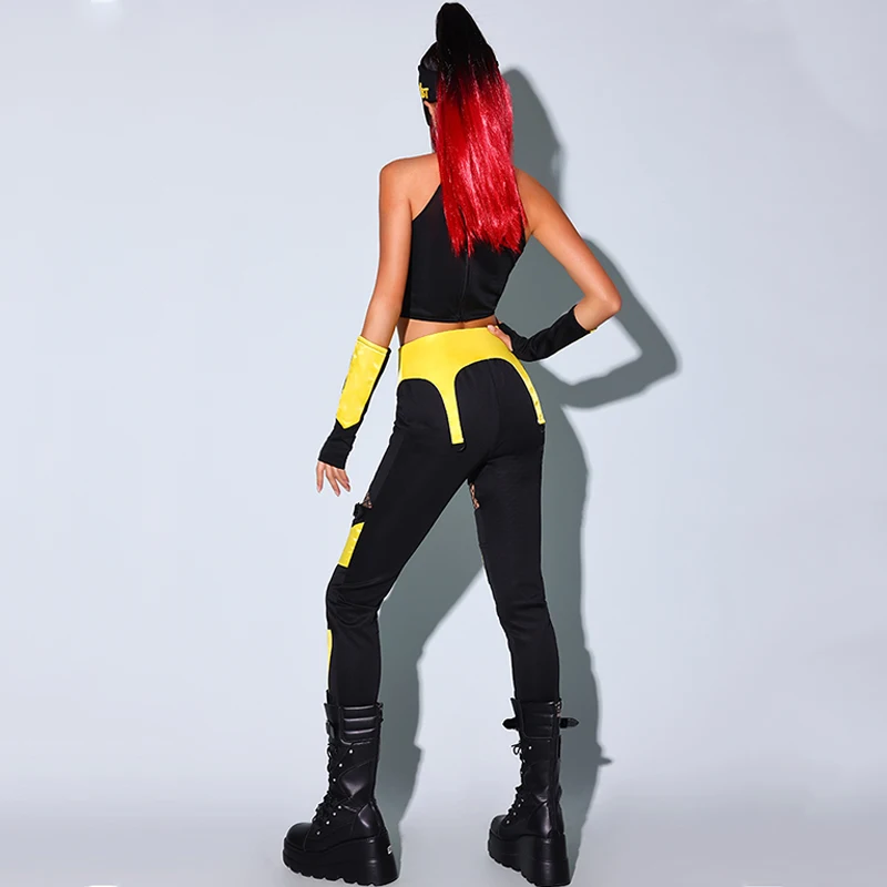أزياء رقص الجاز النسائية Kpop الزي أصفر أسود بلايز السراويل ملهى ليلي بار Dj أداء البدلة الهذيان سحب الملكة زي