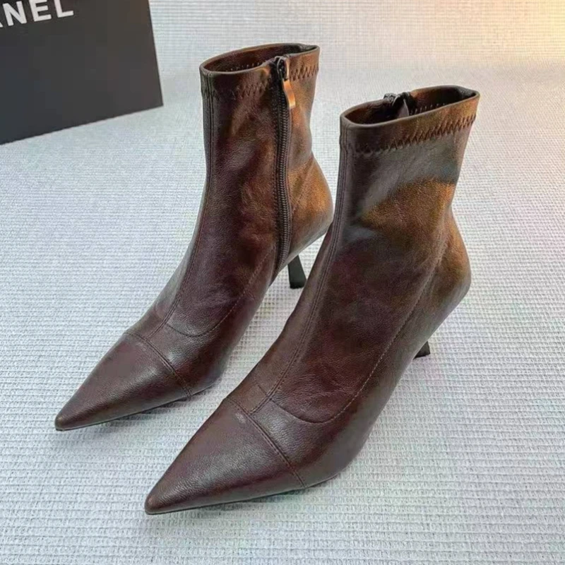 

Elegant Winter Boots Women Zip Stitching Leather Fashion Short Boots Concise Modern Sexy Pointed Toe Heeled Ankle Boots Women