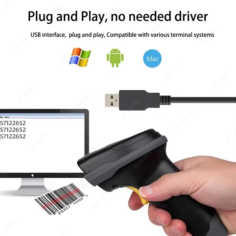 Pemindai Kode QR Portabel Genggam 2D USB Berkabel Pembaca Kode Batang dengan Dudukan untuk Windows Dan Android