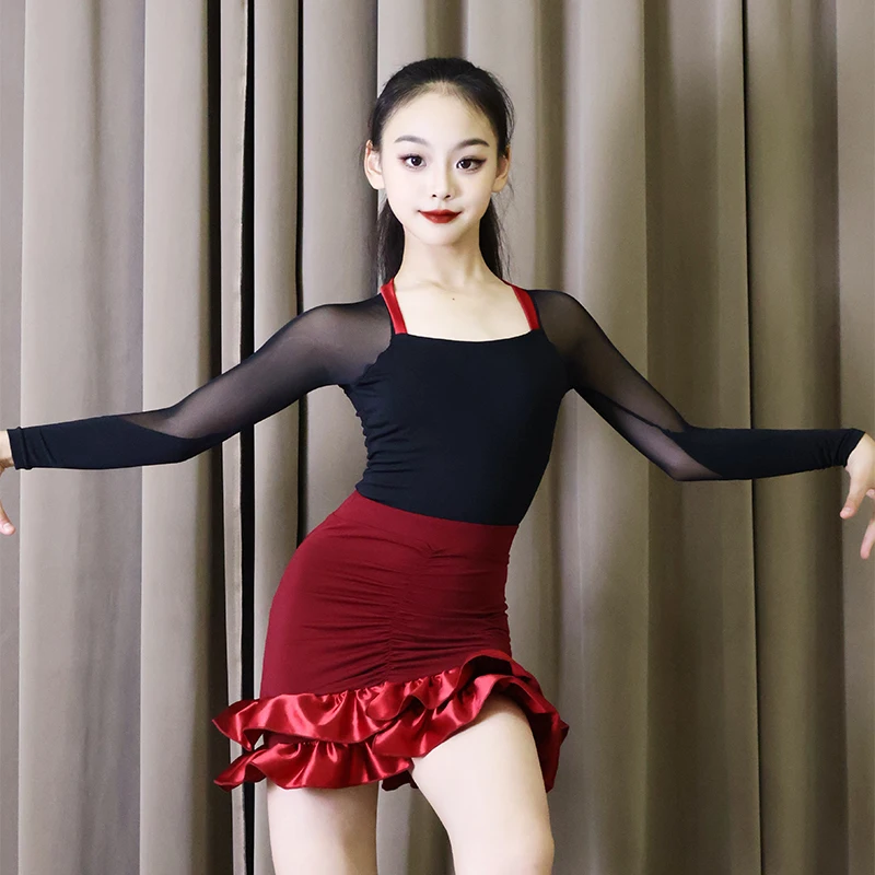 2025 เด็กการเต้นรำแบบละตินเครื่องแต่งกายสำหรับสาวแขนยาวกระโปรงสีแดงชุดซัมบ้า ชาช่า แทงโก้ ลาตินแดนซ์แวร์ XH3499