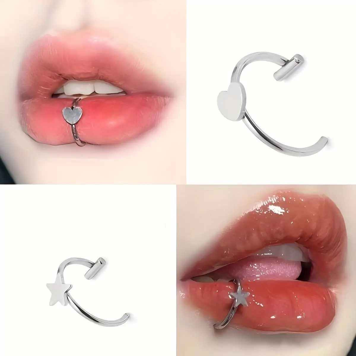 Gothic Style Stainless Steel Non-Piercing Fake Lip Ring Set Heart Star Design 1-5Piece Fashion Clip-On Lip Jewelry Daily Wear