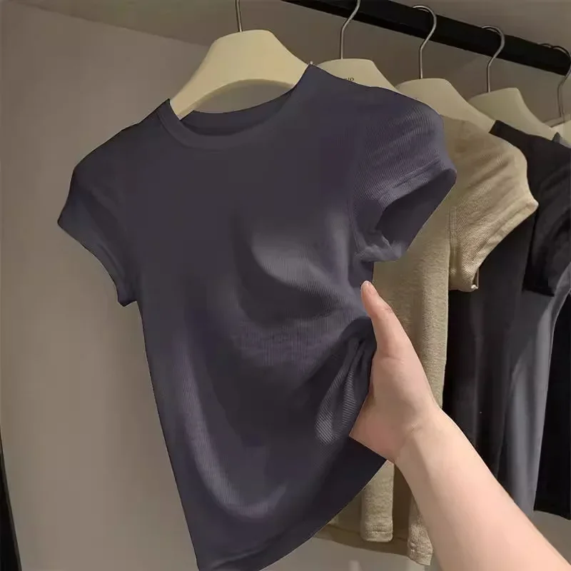 تي شيرت نسائي صيفي قصير الأكمام للتخسيس بلون سادة