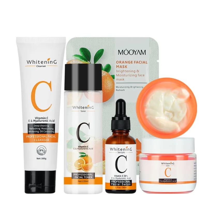 Vitamin C Whitening Skin Care Kit Skincare Facial Cleanser Toner Face Cream Essence Mask Lighten Spots VC Brightening Care